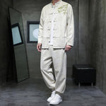 Buddha Stones 2Pcs Spring Dragon Bamboo Clouds Men's Tang Suit Frog-Button Cotton Long Sleeve Jacket Pants Set With Pockets