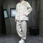 Buddha Stones 2Pcs Spring Dragon Bamboo Clouds Men's Tang Suit Frog-Button Cotton Long Sleeve Jacket Pants Set With Pockets
