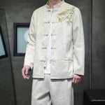 Buddha Stones 2Pcs Spring Dragon Bamboo Clouds Men's Tang Suit Frog-Button Cotton Long Sleeve Jacket Pants Set With Pockets