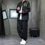 Buddha Stones 2Pcs Spring Dragon Bamboo Clouds Men's Tang Suit Frog-Button Cotton Long Sleeve Jacket Pants Set With Pockets
