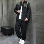 Buddha Stones 2Pcs Spring Dragon Bamboo Clouds Men's Tang Suit Frog-Button Cotton Long Sleeve Jacket Pants Set With Pockets