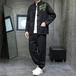 Buddha Stones 2Pcs Spring Dragon Bamboo Clouds Men's Tang Suit Frog-Button Cotton Long Sleeve Jacket Pants Set With Pockets