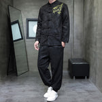 Buddha Stones 2Pcs Spring Dragon Bamboo Clouds Men's Tang Suit Frog-Button Cotton Long Sleeve Jacket Pants Set With Pockets