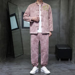 Buddha Stones 2Pcs Spring Dragon Bamboo Clouds Men's Tang Suit Frog-Button Cotton Long Sleeve Jacket Pants Set With Pockets