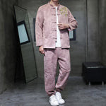 Buddha Stones 2Pcs Spring Dragon Bamboo Clouds Men's Tang Suit Frog-Button Cotton Long Sleeve Jacket Pants Set With Pockets