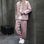 Buddha Stones 2Pcs Spring Dragon Bamboo Clouds Men's Tang Suit Frog-Button Cotton Long Sleeve Jacket Pants Set With Pockets