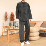 Buddha Stones 2Pcs Winter Thick Men's Tang Suit Frog-Button Cotton Corduroy Long Sleeve Jacket Pants Set With Pockets
