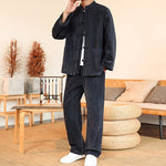 Buddha Stones 2Pcs Winter Thick Men's Tang Suit Frog-Button Cotton Corduroy Long Sleeve Jacket Pants Set With Pockets