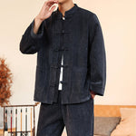Buddha Stones 2Pcs Winter Thick Men's Tang Suit Frog-Button Cotton Corduroy Long Sleeve Jacket Pants Set With Pockets