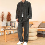 Buddha Stones 2Pcs Winter Thick Men's Tang Suit Frog-Button Cotton Corduroy Long Sleeve Jacket Pants Set With Pockets