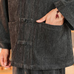 Buddha Stones 2Pcs Winter Thick Men's Tang Suit Frog-Button Cotton Corduroy Long Sleeve Jacket Pants Set With Pockets