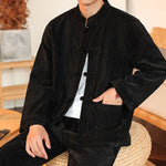 Buddha Stones 2Pcs Winter Thick Men's Tang Suit Frog-Button Cotton Corduroy Long Sleeve Jacket Pants Set With Pockets