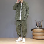Buddha Stones 2Pcs Winter Thick Bamboo Men's Tang Suit Frog-Button Cotton Corduroy Long Sleeve Jacket Pants Set With Pockets