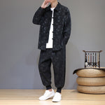Buddha Stones 2Pcs Winter Thick Bamboo Men's Tang Suit Frog-Button Cotton Corduroy Long Sleeve Jacket Pants Set With Pockets