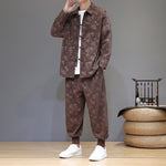 Buddha Stones 2Pcs Winter Thick Bamboo Men's Tang Suit Frog-Button Cotton Corduroy Long Sleeve Jacket Pants Set With Pockets