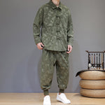 Buddha Stones 2Pcs Winter Thick Bamboo Men's Tang Suit Frog-Button Cotton Corduroy Long Sleeve Jacket Pants Set With Pockets