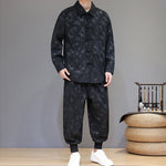 Buddha Stones 2Pcs Winter Thick Bamboo Men's Tang Suit Frog-Button Cotton Corduroy Long Sleeve Jacket Pants Set With Pockets