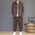 Buddha Stones 2Pcs Winter Thick Bamboo Men's Tang Suit Frog-Button Cotton Corduroy Long Sleeve Jacket Pants Set With Pockets