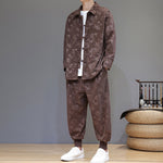 Buddha Stones 2Pcs Winter Thick Bamboo Men's Tang Suit Frog-Button Cotton Corduroy Long Sleeve Jacket Pants Set With Pockets