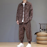 Buddha Stones 2Pcs Winter Thick Bamboo Men's Tang Suit Frog-Button Cotton Corduroy Long Sleeve Jacket Pants Set With Pockets