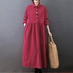 Buddha Stones Fall Buttons Design Long Sleeve Cotton Corduroy Midi Dress With Pockets