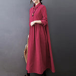 Buddha Stones Fall Buttons Design Long Sleeve Cotton Corduroy Midi Dress With Pockets
