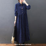 Buddha Stones Fall Buttons Design Long Sleeve Cotton Corduroy Midi Dress With Pockets