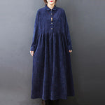 Buddha Stones Fall Buttons Design Long Sleeve Cotton Corduroy Midi Dress With Pockets