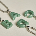 Buddha Stones Natural A-Z Letter Jade Titanium Steel Wide Chain Prosperity Necklace Pendant