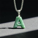 Buddha Stones Natural A-Z Letter Jade Titanium Steel Wide Chain Prosperity Necklace Pendant