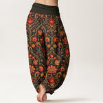 Buddha Stones Cotton Colorful Flower Leaf Scroll Pattern Women's Elastic Waist Harem Pants