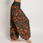 Buddha Stones Cotton Colorful Flower Leaf Scroll Pattern Women's Elastic Waist Harem Pants