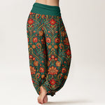 Buddha Stones Cotton Colorful Flower Leaf Scroll Pattern Women's Elastic Waist Harem Pants