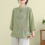 Buddha Stones Flower Embroidery Three Quarter Sleeve One Frog-Button Mandarin Collar Cotton Women's Shirt