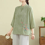 Buddha Stones Flower Embroidery Three Quarter Sleeve One Frog-Button Mandarin Collar Cotton Women's Shirt