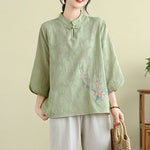 Buddha Stones Flower Embroidery Three Quarter Sleeve One Frog-Button Mandarin Collar Cotton Women's Shirt