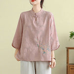 Buddha Stones Flower Embroidery Three Quarter Sleeve One Frog-Button Mandarin Collar Cotton Women's Shirt