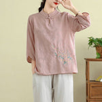 Buddha Stones Flower Embroidery Three Quarter Sleeve One Frog-Button Mandarin Collar Cotton Women's Shirt