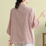 Buddha Stones Flower Embroidery Three Quarter Sleeve One Frog-Button Mandarin Collar Cotton Women's Shirt