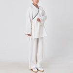 Buddha Stones 2Pcs Wudang Fall Solid Frog-Button Long Sleeve Linen Unisex Taoist Robe Kimono Pants Qigong Ceremony Suit