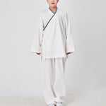 Buddha Stones 2Pcs Wudang Fall Solid Frog-Button Long Sleeve Linen Unisex Taoist Robe Kimono Pants Qigong Ceremony Suit