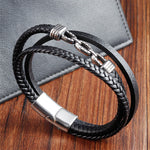 Buddha Stones Handmade Chain Link Design Titanium Steel Leather Strengthen Bracelet