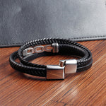 Buddha Stones Handmade Chain Link Design Titanium Steel Leather Strengthen Bracelet