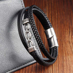 Buddha Stones Handmade Chain Link Design Titanium Steel Leather Strengthen Bracelet