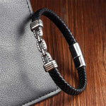 Buddha Stones Handmade Chain Link Design Titanium Steel Leather Strengthen Bracelet