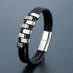 Buddha Stones Geometric Design Titanium Steel Leather Strengthen Bracelet