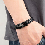 Buddha Stones Geometric Design Titanium Steel Leather Strengthen Bracelet