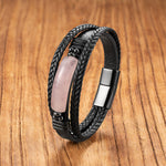 Buddha Stones Hematite Lazurite Lapis Lazuli Black Glitter Stone Pink Crystal Titanium Steel Leather Strengthen Bracelet