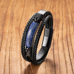 Buddha Stones Hematite Lazurite Lapis Lazuli Black Glitter Stone Pink Crystal Titanium Steel Leather Strengthen Bracelet
