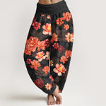 Buddha Stones Cotton Intensely Colored Flower Pattern Women's Elastic Waist Harem Pants